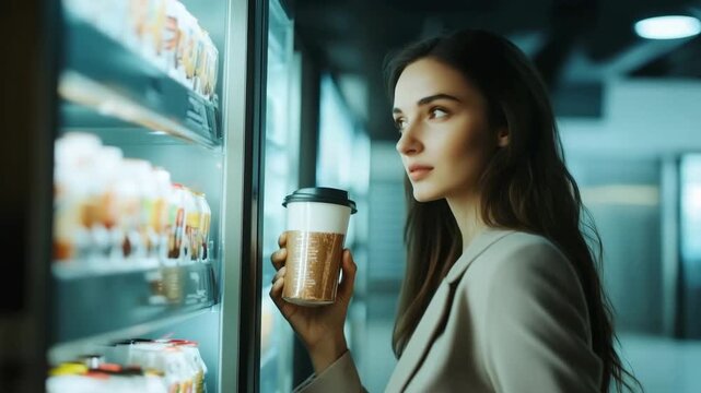 Young businesswoman holding coffee and choosing snack from vending machine in office at night