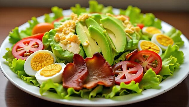 Colorful Cobb salad with rows of lettuce, bacon, avocado, boiled eggs, tomatoes, and cheese 