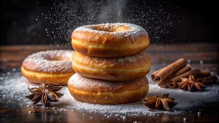Delicious stack of frosted donuts with cinnamon and star anise