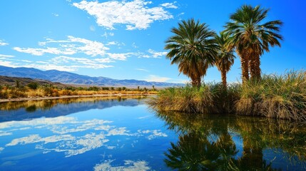 Desert oasis with palm trees reflecting in calm water under a blue sky.
