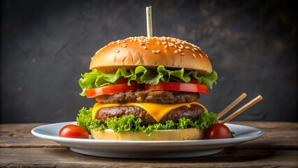 Delicious double cheeseburger with fresh lettuce and tomatoes on a white plate