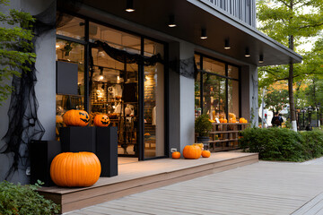 Pumpkin-themed decorated shop entrance for Halloween Generative AI