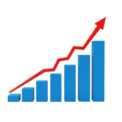 Blue bar chart with red upward trend line showing business growth and success transparent background