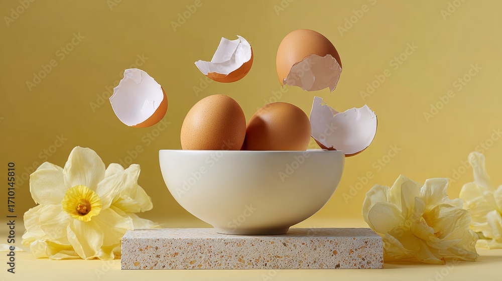 Aufkleber a bowl of eggs with one egg missing and a few broken eggs flying around. the bowl is on a table with
