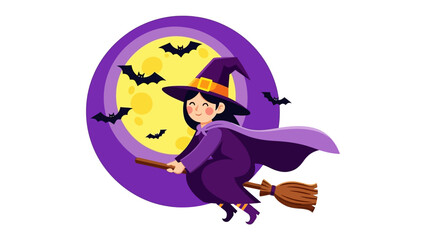 Spooky Halloween Witch Flying on Broom: A cheerful witch soars across a moonlit sky on her broom, surrounded by playful bats, embodying the fun spirit of Halloween.