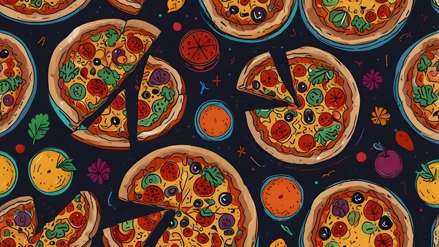 A colorful and appetizing seamless pattern, which has been created from a hand-drawn illustration of pizzas and fresh ingredients, is displayed on a blue background. Italian fast food menu concept - Powered by Adobe