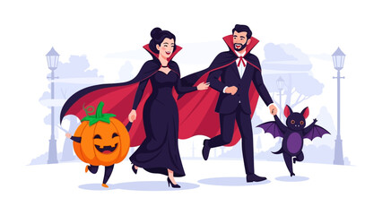 A Spooky Promenade: A cartoon of a vampire couple and a pumpkin strolling with a bat, ideal for Halloween-themed design.