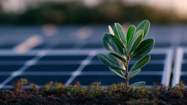 A vibrant young plant thrives on a solar panel, symbolizing hope and decarbonization under sunlit, translucent cells.