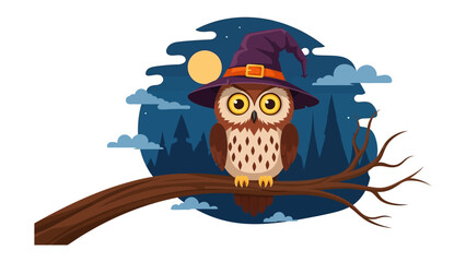 Owl in Witch Hat: A whimsical illustration portrays a wise owl, donned in a pointed witch's hat, perched serenely on a branch against a magical, moonlit forest backdrop.