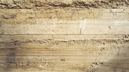 Close up shows layers of compacted sandy soil in earth cut displaying geological stratification details.