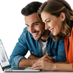 Couple happily engaged with laptop technology sharing joyful moments of online connection transparent background