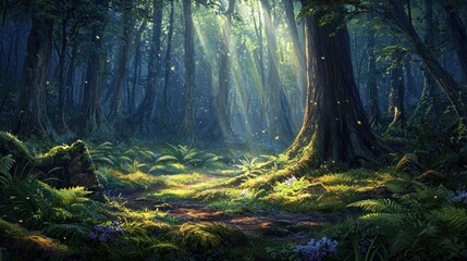 Obraz premium Sunbeams illuminate a magical forest path.