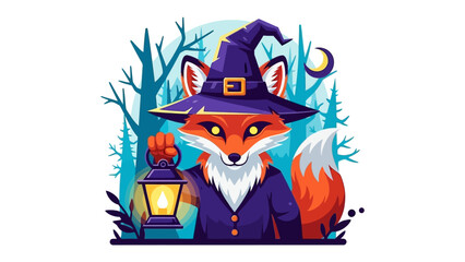 Witch Fox and Lantern: A whimsical illustration portrays a charming fox dressed as a witch, holding a glowing lantern in a mystical forest setting.