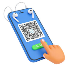 Blue smartphone displaying qr code with finger tapping green button transparent background