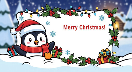 A festive christmas illustration featuring a cute penguin with a red scarf and hat, surrounded by gifts and snowflakes, with a merry christmas message