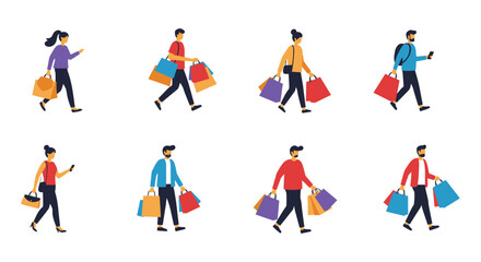 People carrying shopping bags walking a diverse group enjoying retail therapy