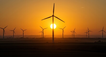 Obraz premium Silhouetted wind turbines stand against a bright orange sunset