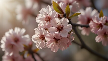 Obraz premium A delicate cluster of pink cherry blossom flowers, the iconic Japanese Sakura, is beautifully illuminated by soft sunlight against a blurred background during springtime. Beauty of nature concept