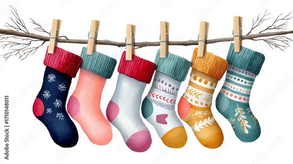 Poster A row of colorful socks hanging on a clothesline. The socks are of different colors and patterns, and they are all hanging together