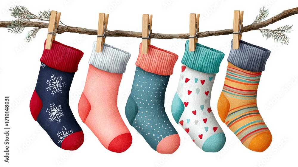 Poster a row of colorful socks hanging on a clothesline. the socks are of different colors and patterns, in