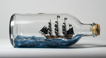 Pirate ship in a bottle with blue choppy water