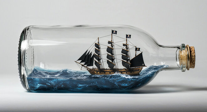 Pirate ship in a bottle with blue choppy water