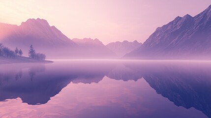 Obraz premium Serene sunrise over misty lake and mountains. (1)