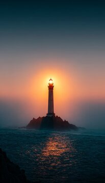 Majestic Sunset Over Tranquil Waters A Serene Rocky Isle with Tower Reflecting Golden Light.