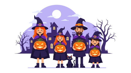 Halloween Family Fun: A cartoon family, decked out in playful witch costumes and holding glowing jack-o'-lanterns, stands against the backdrop of a spooky house.