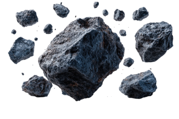 A collection of various sizes of black rocks floating in the air