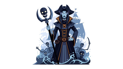 Mystic Pirate and Her Skeleton Crew: A mystical pirate captain commands her skeletal crew against a backdrop of stormy seas and a ghostly galleon, a scene of fantasy and adventure.