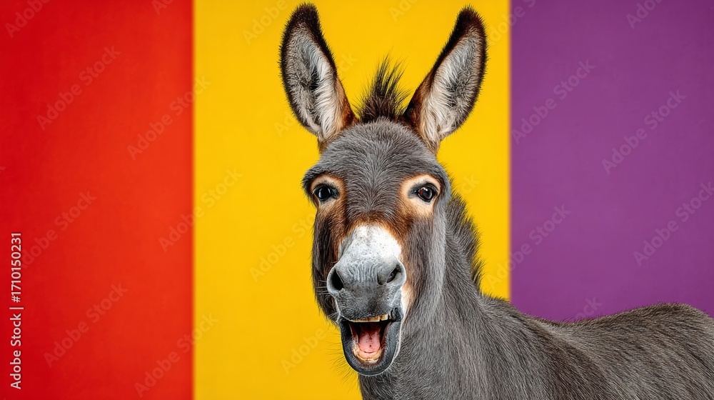 Poster a donkey is smiling and looking at the camera. the background is a colorful striped wall. the donkey