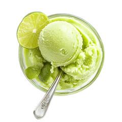 Refreshing Lime Sorbet in Elegant Glass Bowl with Silver Spoon - High-Quality Professional Photo