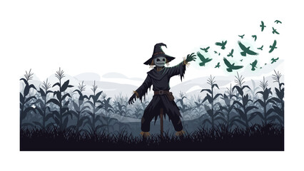 Scarecrow Amidst the Cornfield: A fantastical scarecrow stands proudly amidst a cornfield, with crows escaping from his arm. This captivating illustration.