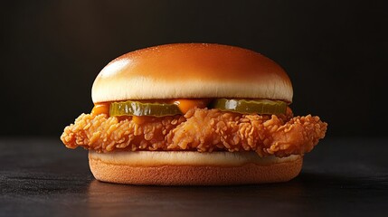 Delicious Crispy Fried Chicken Sandwich with Tangy Pickles and Savory Sauce, Perfect for Promotion