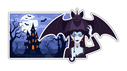 Fototapeta premium Enchanting Halloween Illustration: A bewitching illustration features a mysterious woman with an umbrella and a gothic mansion, all set under the spell of a Halloween night.