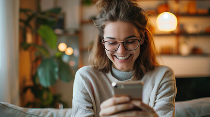 Young smiling woman wearing glasses holding smartphone at home. Happy girl checking cell phone online education apps, texting, browsing internet for shopping sitting at home. Young smiling woman weari