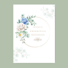 wedding invitation card with flower rose and eucalyptus leaf watercolor