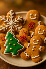 Plate of Christmas Gingerbread Cookies with Festive Icing Designs