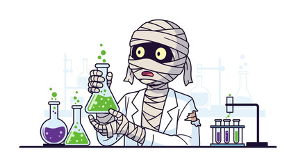 Mummy Scientist's Experiment: A humorous cartoon depicts a bandaged mummy in a lab coat meticulously examining a bubbling, brightly colored liquid in a flask.