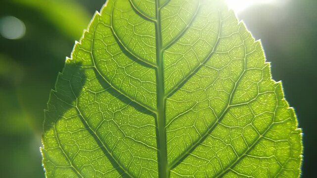 Close-up view of a vibrant green leaf showcasing intricate vein patterns illuminated by sunlight