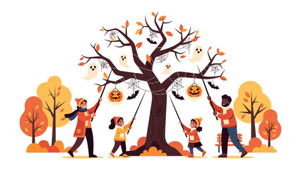 Fototapeta premium Spooky Tree Decorating for Halloween: A happy family, dressed in vibrant fall attire, collaborates to adorn a tree with spooky Halloween decorations.