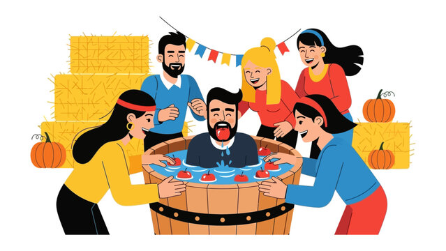 Autumn Fun: Illustration depicts people enjoying an autumn activity: bobbing for apples in a water-filled barrel. Surrounded by pumpkins and bales of hay, the scene is one of festive energy.