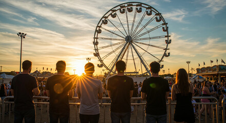 Wide-angle fairground at sunset with Ferris wheel, crowd, and warm, dramatic lighting.