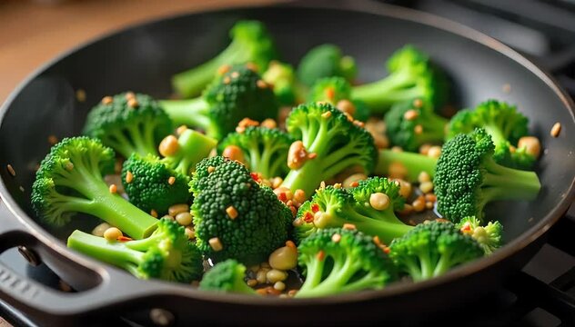 Cooking broccoli rabe in skillet with sizzling garlic and chili flakes coating vegetables evenly 