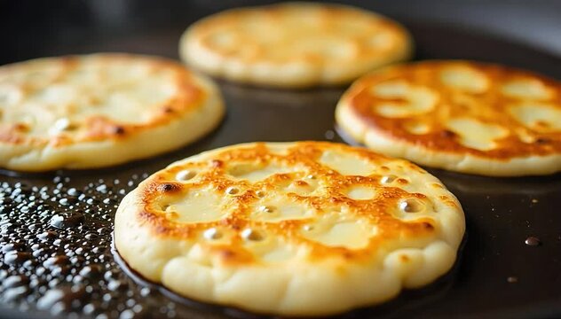 Cooking cachapas on griddle with bubbles forming on surface and golden crust developing 