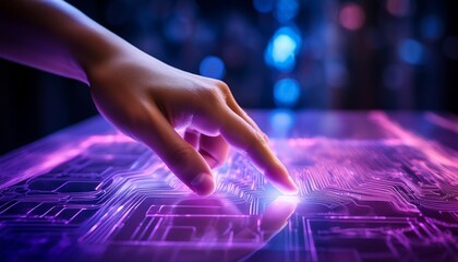 fingertip gently touching a glowing screen vibrant purple and pink hues illuminate the surface creating a futuristic feel