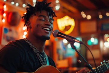 A young Black man with dreadlocks sings passionately into a microphone while playing an acoustic guitar in a dimly lit bar
