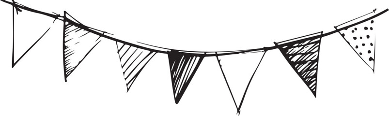 String of Party Flags Vector Illustration, Sketch Drawing Line Linear Symbol Icon Engraving Coloring Book, Hand-drawn Doodle Black and White Isolated