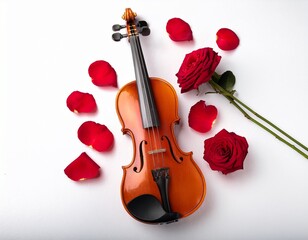 Fototapeta premium violin rose and petals on white background top view